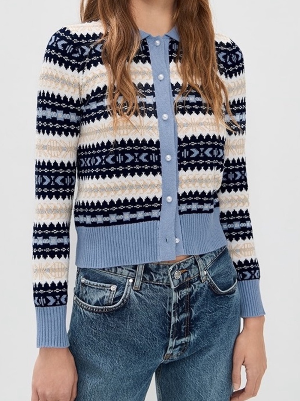 Hill House Mairead Cardigan in Light Blue, Navy, Cream